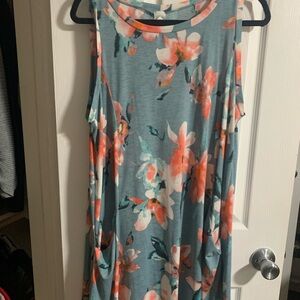 Sun n Moon Blue Green Sleeveless Crew Neck Midi Dress